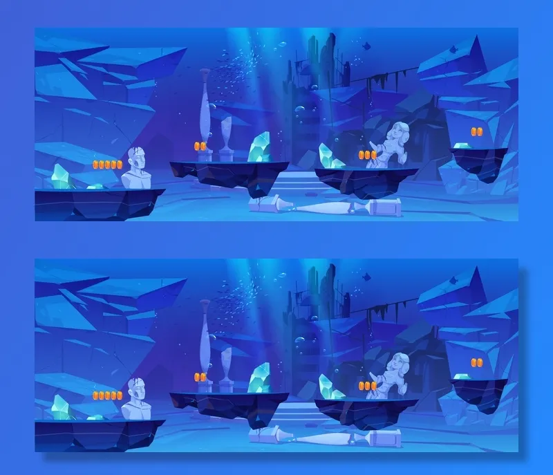 游戏级插图与平台在水下的海洋或海洋水下景观与古代遗迹eps,ai矢量模版下载