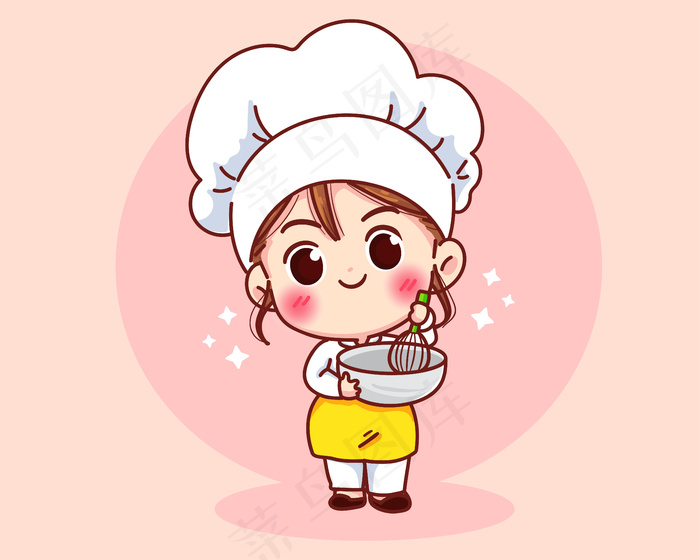 可爱的面包店厨师女孩穿着制服微笑吉祥物卡通艺术插图