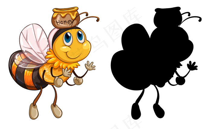 一组昆虫卡通人物及其在白色背景上的剪影