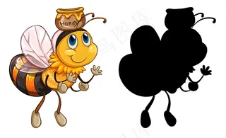 一组昆虫卡通人物及其在白色背景上的剪影