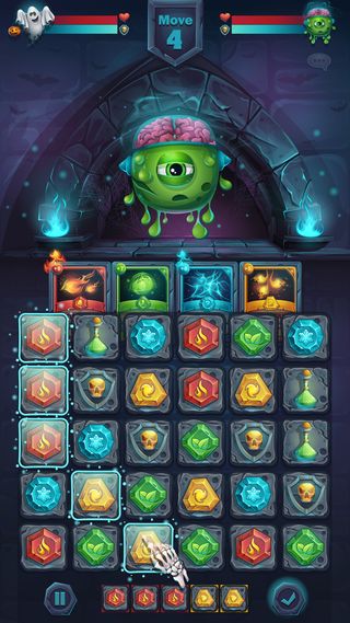 怪物战斗图形用户界面与大脑游戏场匹配3-卡通风格矢量插图移动格式窗口选项按钮，游戏项目