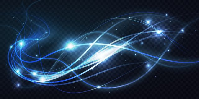 抽象闪亮明亮的蓝色波浪线条亮光效果神奇霓虹漩涡痕迹