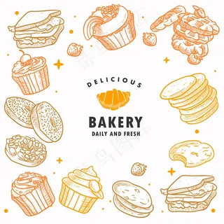 手绘面包房，糕点，早餐，面包，糖果，甜点，插图