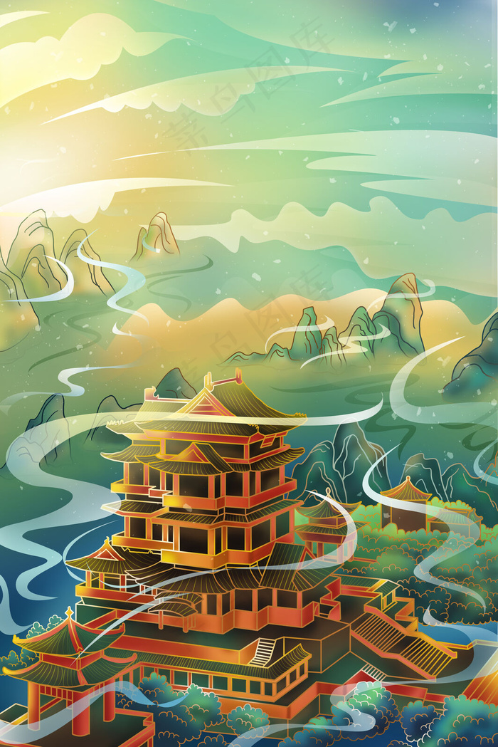 大气场景落日古代建筑城楼云山(3545*5315px 300 dpi )psd模版下载