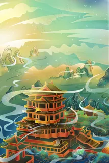 大气场景落日古代建筑城楼云山