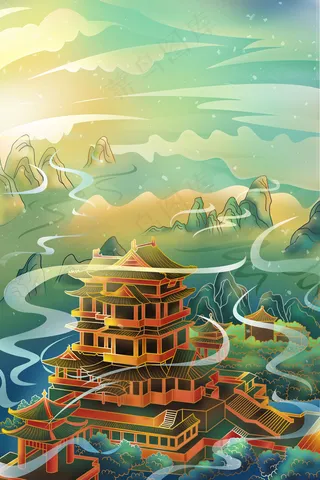 大气场景落日古代建筑城楼云山