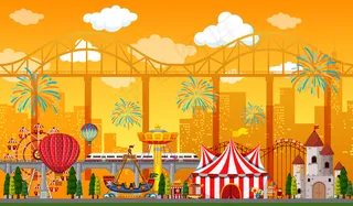 白天的游乐场场景，空中燃放烟花