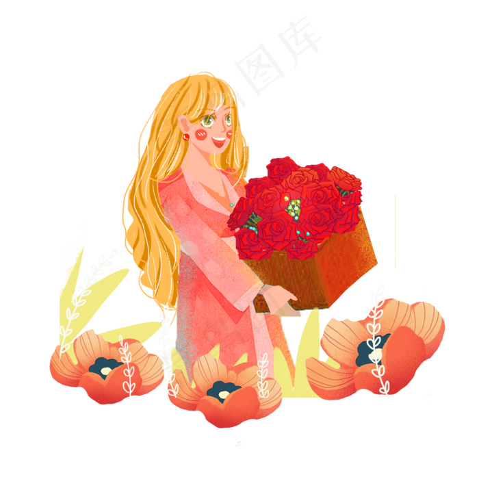 七夕玫瑰花女孩png素材