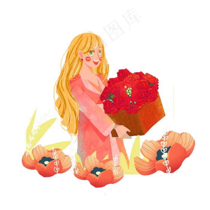 七夕玫瑰花女孩png素材(2000X2000(DPI:300))psd模版下载