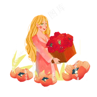 七夕玫瑰花女孩png素材