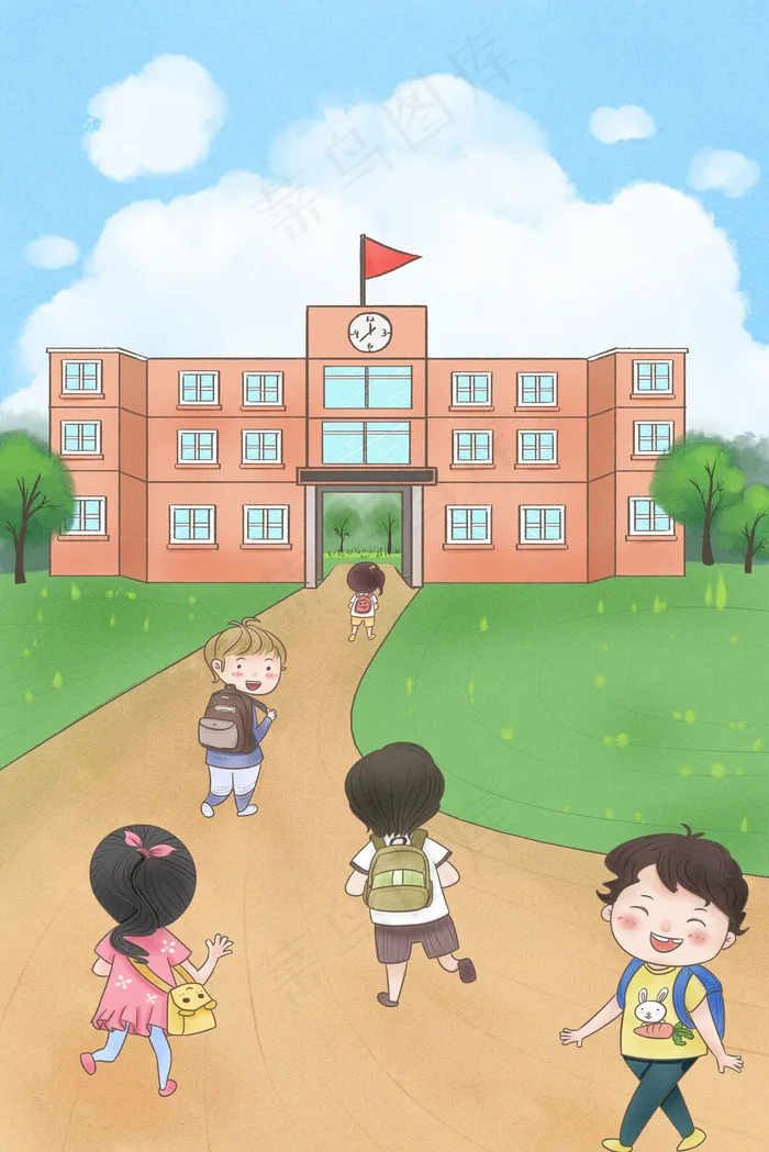 开学一群学生背书包上学卡通手绘(3545*5315px 300 dpi )psd模版下载