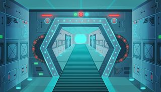 太空船上有门的走廊。卡通背景室内科幻飞船。游戏和手机app移动应用的背景。