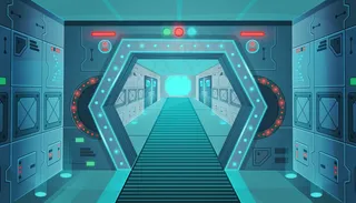 太空船上有门的走廊。卡通背景室内科幻飞船。游戏和手机app移动应用的背景。