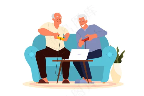 老年人玩电子游戏。老年人用游戏机控制器玩电子游戏。老年人有现代生活。