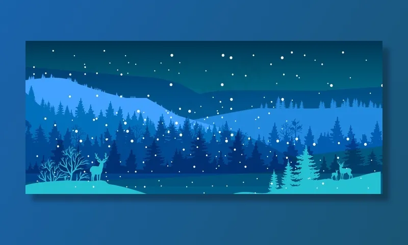 冬季景观有雪，鹿的剪影，河流，森林轮廓，山。圣诞背景