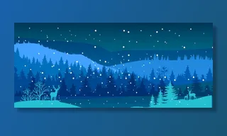 冬季景观有雪，鹿的剪影，河流，森林轮廓，山。圣诞背景