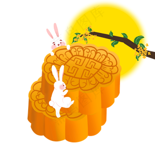 卡通中秋节月饼与兔子