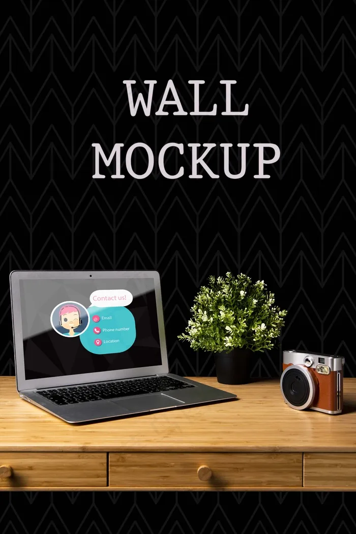 带摄像头和笔记本电脑的墙壁模型样机psd模版下载