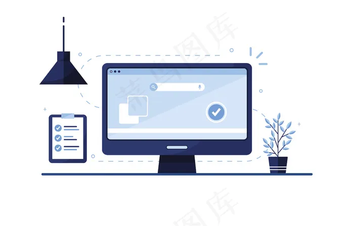 电子邮件营销说明。待办事项清单。检查表。在家工作，在办公室。笔记本电脑。已填妥的场地申请表。填写文件。监视器屏幕。蓝色。每股收益10eps,ai矢量模版下载