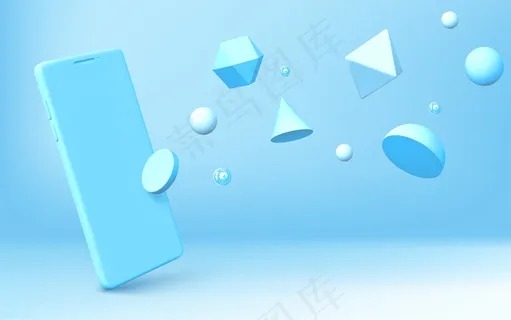抽象背景与现实的智能手机和几何三维形状分散在蓝色背景。半球、八面体、球体、圆锥体、圆柱体和二十面体的矢量手机渲染