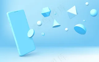 抽象背景与现实的智能手机和几何三维形状分散在蓝色背景。半球、八面体、球体、圆锥体、圆柱体和二十面体的矢量手机渲染