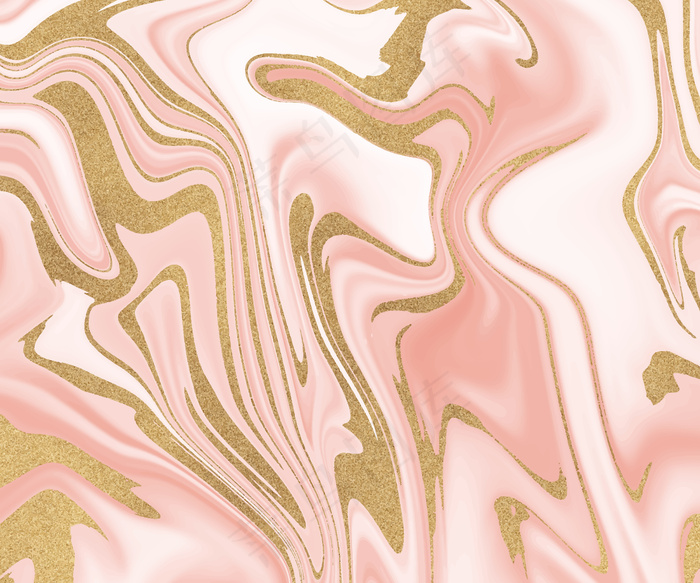 粉红色带金色闪光的液体水墨画抽象图案。