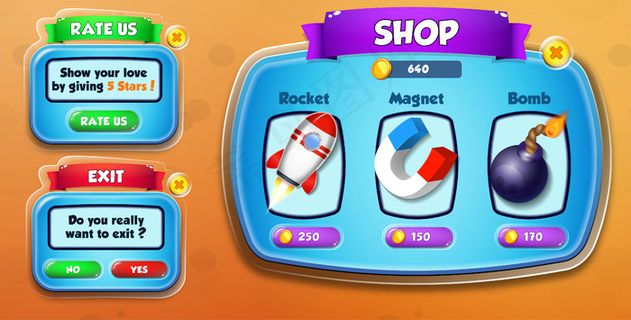 休闲卡通儿童游戏用户界面商店，价格我们和退出菜单弹出