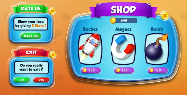 休闲卡通儿童游戏用户界面商店，价格我们和退出菜单弹出