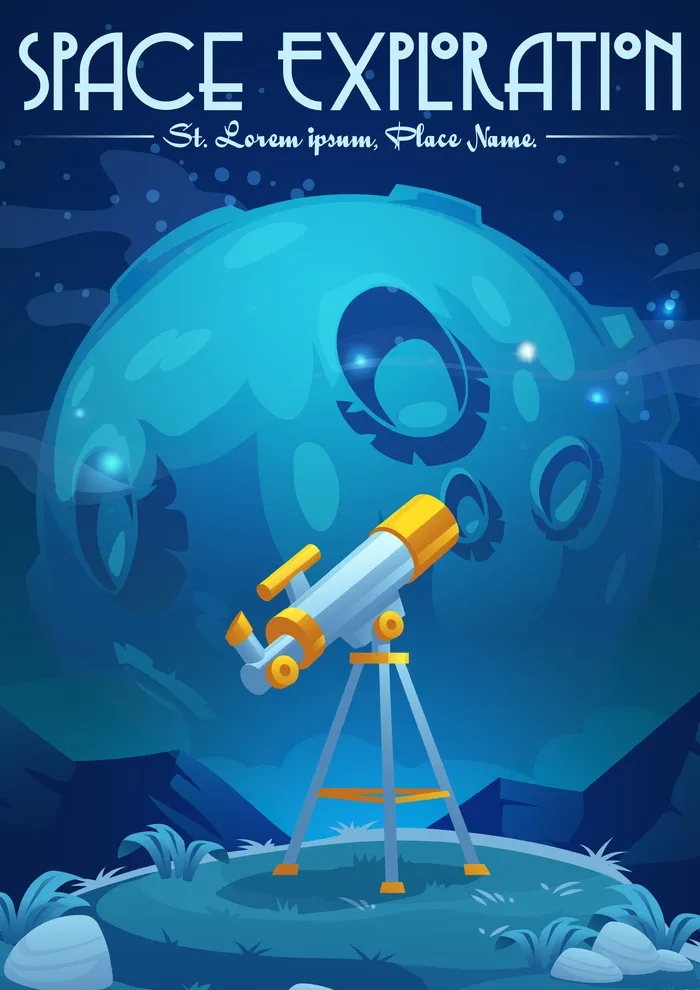 太空探索卡通海报与望远镜站在星空下的山上，月球科学发现和天文学研究设备，用于观察星系中的恒星和行星eps,ai矢量模版下载