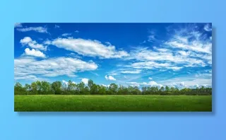 在阳光和多云的天空下，草地和树木覆盖的全景