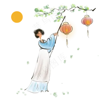 水墨中秋节赏灯的少女