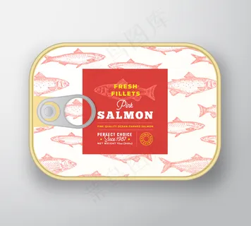 罐头鱼标签模板。带标签盖的抽象鱼铝容器。