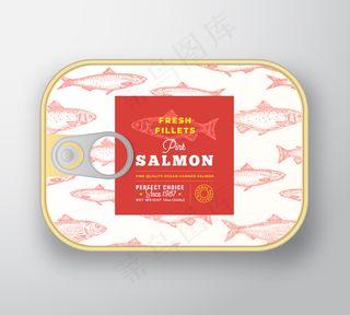 罐头鱼标签模板。带标签盖的抽象鱼铝容器。