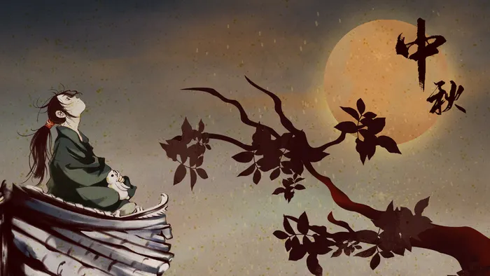 中国风水墨中秋节国风中秋赏月男孩场景(2880*1620px 300 dpi )psd模版下载