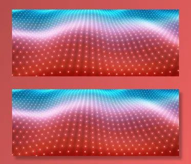 抽象的矢量背景，彩色霓虹灯形成波状表面。霓虹网络表面流动。光滑多彩的网络浮雕发光粒子。