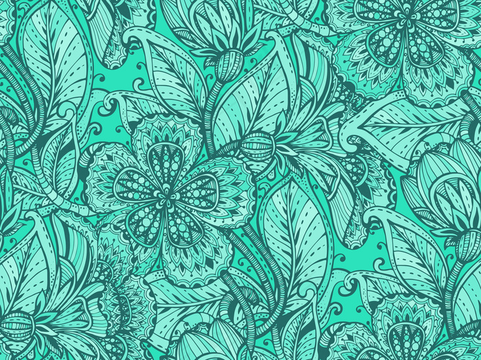 无缝图案，手绘彩色花饰，绿色背景