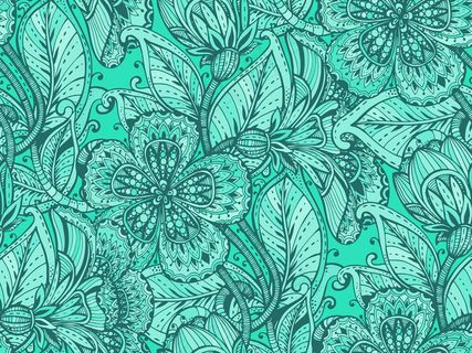 无缝图案，手绘彩色花饰，绿色背景