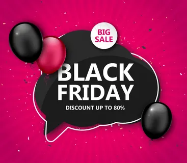 黑色星期五大减价。带有粉色和黑色气球的季节性折扣横幅banner，语音泡泡