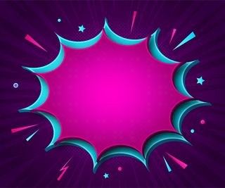 漫画背景。卡通粉红和蓝色爆炸在波普艺术风格的声音效果与紫罗兰径向条纹。