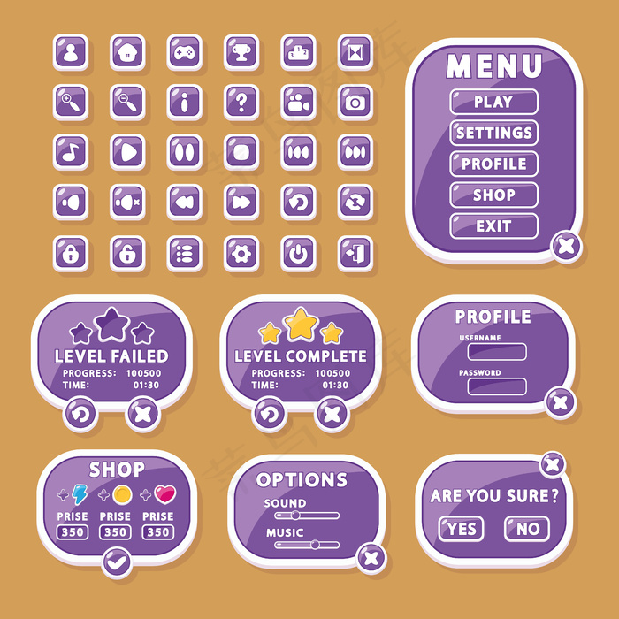 游戏和应用程序app设计按钮、菜单窗口和设置（gui、ui）的界面元素。