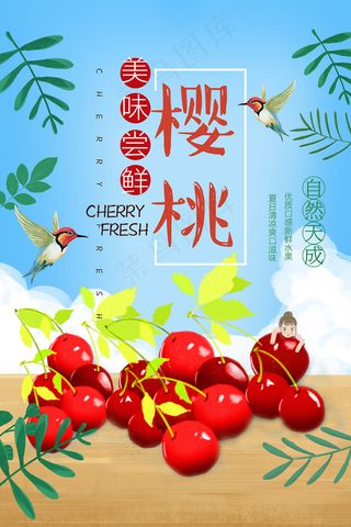 手绘樱桃车厘子美食宣传海报