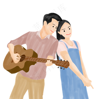 情人节水彩手绘情侣弹吉他免费下
