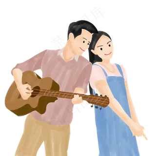 情人节水彩手绘情侣弹吉他免费下