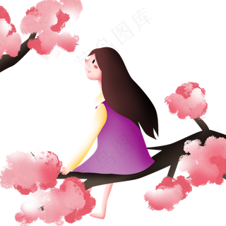 春分坐在花枝的女孩,免抠元素