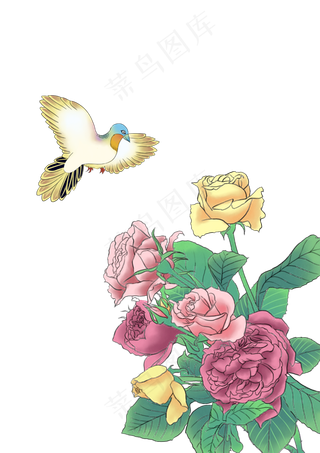 工笔画小鸟和鲜花,免抠元素
