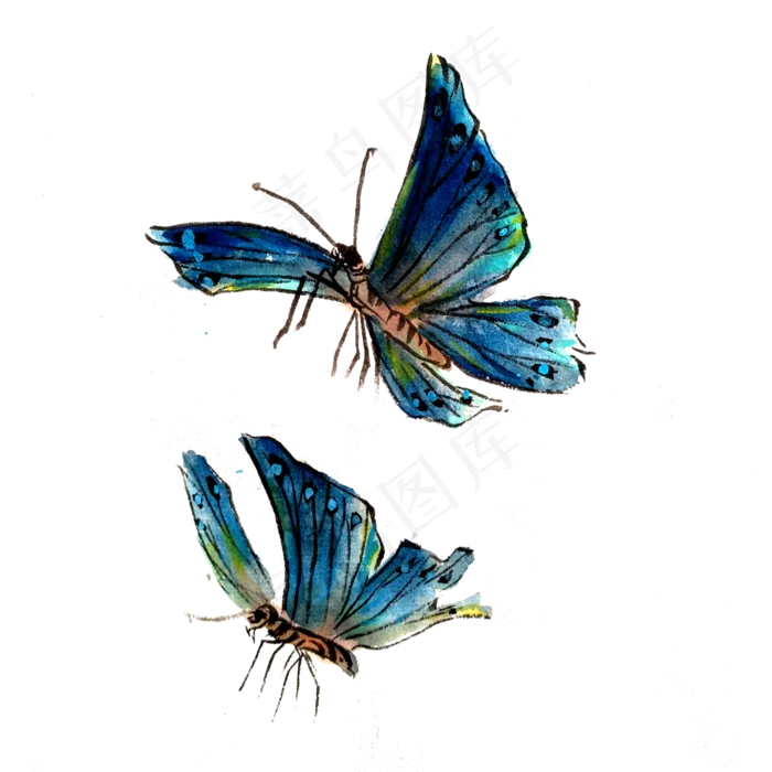 国画蝴蝶蓝色湖蓝翅膀PNG水墨,免抠元素(3000X3000(DPI:300))psd模版下载