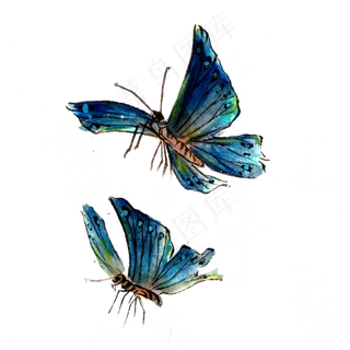国画蝴蝶蓝色湖蓝翅膀PNG水墨,免抠元素
