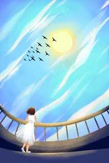 蓝色系卡通手绘风治愈美景配图