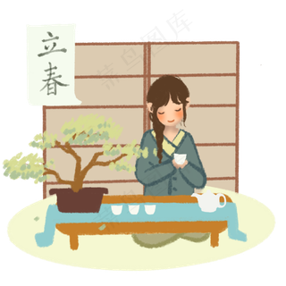 春分喝茶的小女孩,免抠元素