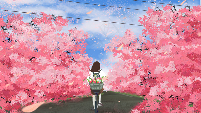 樱花节春天夏至唯美樱花与少女自行车天空(2880X1620(DPI:300))psd模版下载